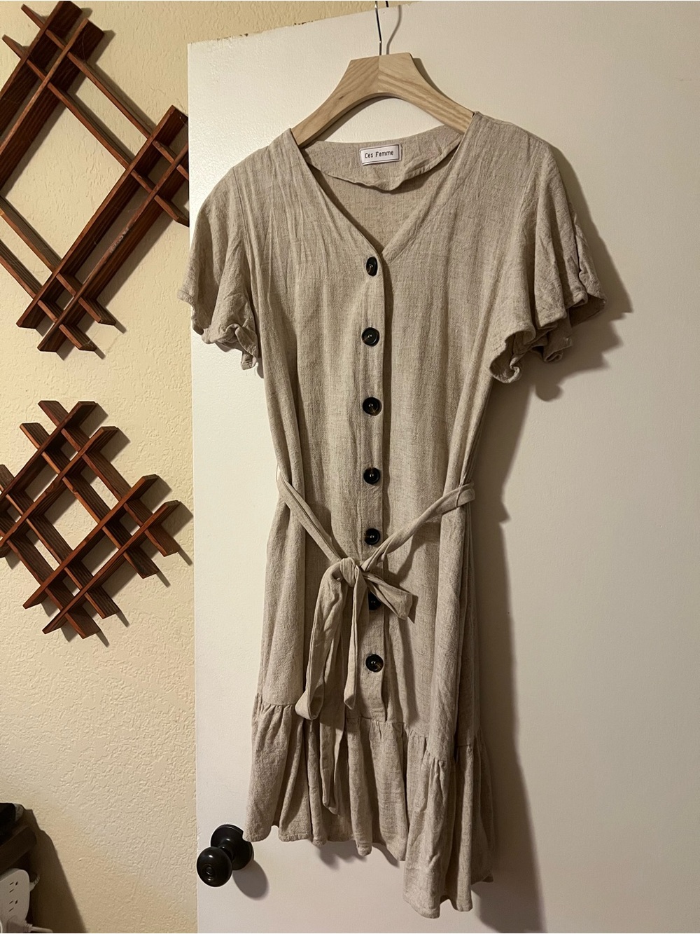 Ces Femme Natural Beige Button-Front Midi Dress with Tie Waist
